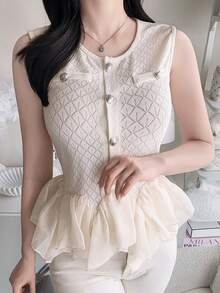 FRIFUL 女款夏季優雅浪漫荷葉邊下擺背心上衣，可愛風格，適合早午餐與約會之夜，米白色 - 米色 - 查看 4