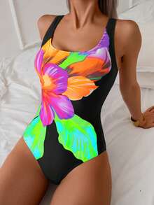 SHEIN Swim 1pc Women's Elegant Floral Print Scoop Neck One-Piece Swimsuit With High Neckline For Summer Beach Vacation - Multicolor - View 4