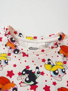 THE POWERPUFF GIRLS X SHEIN 女童全印花圓領短袖上衣與短褲休閒居家睡衣套裝 - 杏色 - 查看 3