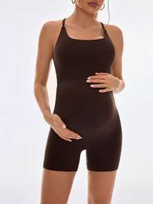 SHEIN Maternity Solid Color Criss-Cross Back Design Camisole Sports Romper Photoshoot Brown Black Summer - Multicolor - View 3