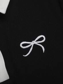 SHEIN Tween女孩休閒日常百搭舒適翻領拼接撞色 Polo 洋裝 - 黑色 - 查看 5
