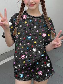 Tween女孩休閒極簡可愛甜美波點亮片紋理愛心印花，鈷藍色，短袖上衣與短褲兩件套，適合夏季，舒適春夏風格，圖案，卡哇伊 - 彩色 - 查看 2