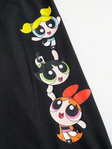 THE POWERPUFF GIRLS X SHEIN Women's Cartoon Print Waist Splicing Lace Trim Shorts - Black - View 4