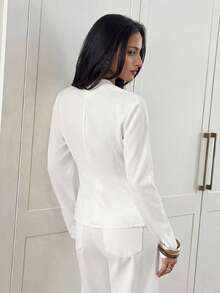 Aloruh Women's White Linen Metal Decor Cinched Waist A-Line Long Sleeve Blouse, Autumn/Winter Teachers' Day Brunch Party French Elegant - White - View 2