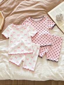 SHEIN LMoss Kids Conjunto de camiseta y pantalones cortos de punto con patrón de corazón y cuello con volantes para bebé niña - Multicolor - Ver 4