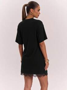 SHEIN BAE 女款蕾絲拼接休閒日常夏季迷你洋裝 - 黑色 - 查看 2