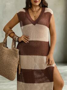 Linhara CURVE Plus Size Women V-Neck Colorblock Casual Everyday Knit Dress Fall - Multicolor - View 6