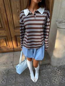 Aloruh 開學季簡約通勤休閒學院風女款 Polo 領撞色寬鬆大廓形長袖運動衫 棕色條紋 秋季 - 彩色 - 查看 6