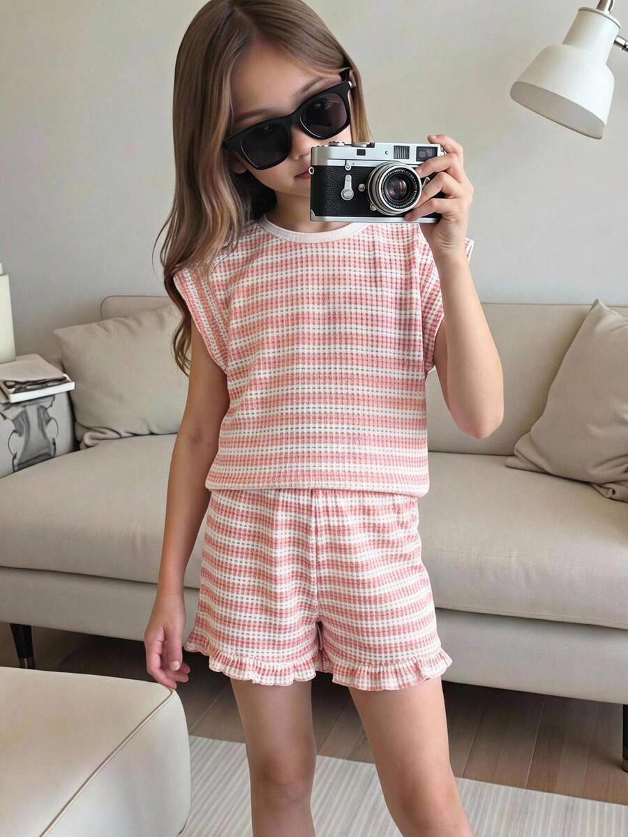 SHEIN 女童条纹印花圆领T恤和短裤休闲套装 - 彩色 - 查看 1
