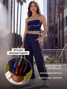 CAJUNI Women's Fashionable Versatile Striped Contrast Color Drawstring Sports Pants, - Navy Blue - View 9