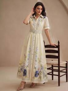 Anewsta Spring/Summer Pale Yellow Premium Position Print Shirt-Style Short Sleeve Long Dress For Women - Light Yellow - View 4