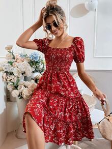 SHEIN Unity 印花泡泡袖打褶多層下擺連衣裙 - 彩色 - 查看 5