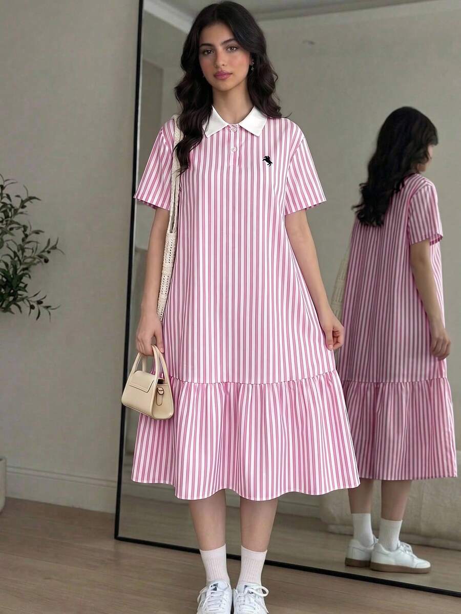 青少年女孩 Polo 領條紋刺繡圖案短袖中長洋裝,適合青少年女孩,對比色荷葉領花瓣袖印花洋裝,適合學校、戶外活動、購物,鈕扣洋裝童裝 - 粉色 - 查看 1