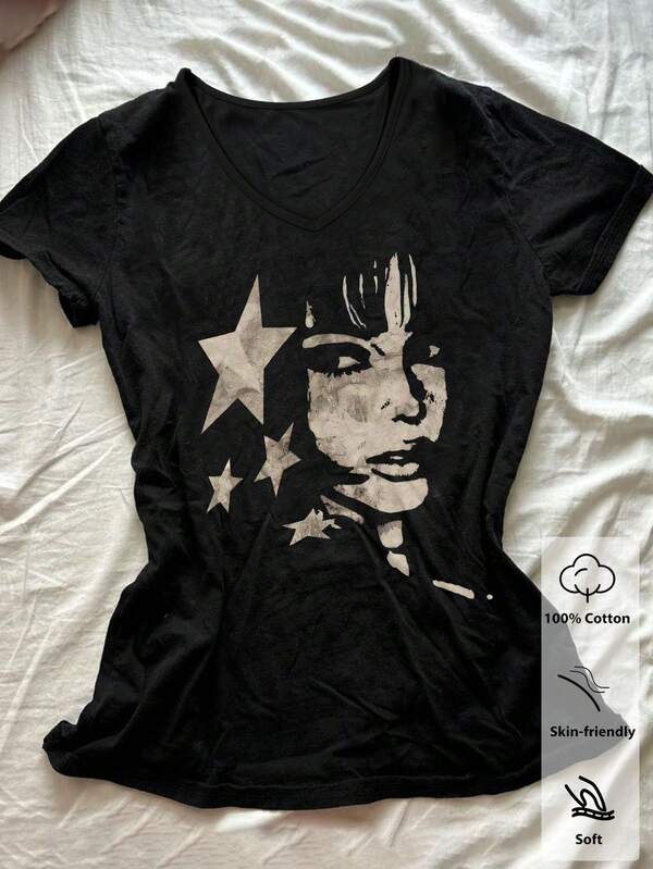 IslaSuriya American Vintage Distressed Portrait & Star Print T-Shirt, Women's Pure Cotton V-Neck Short Sleeve Aesthetic Top, Suitable For Spring/Summer Wear As Base Layer