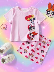 THE POWERPUFF GIRLS X SHEIN 女嬰卡通印花T恤短褲套裝 - 粉色 - 查看 1