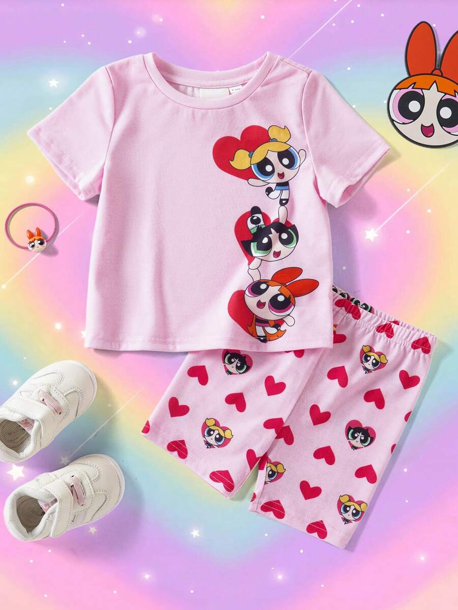 THE POWERPUFF GIRLS X SHEIN 女嬰卡通印花T恤短褲套裝 - 粉色 - 查看 1