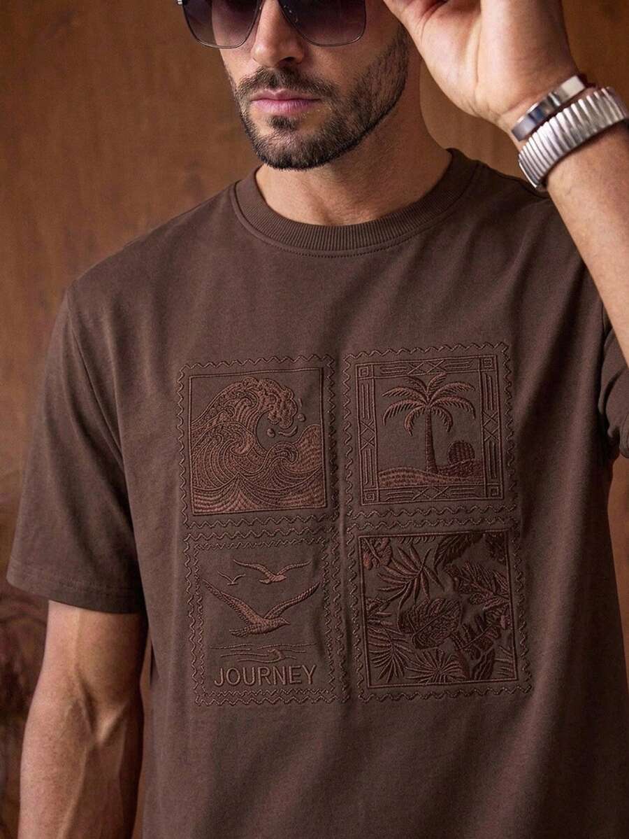HIMLAND Men's Palm Tree Embroidered Crew Neck Casual Short Sleeve T-Shirt - Brown - View 1