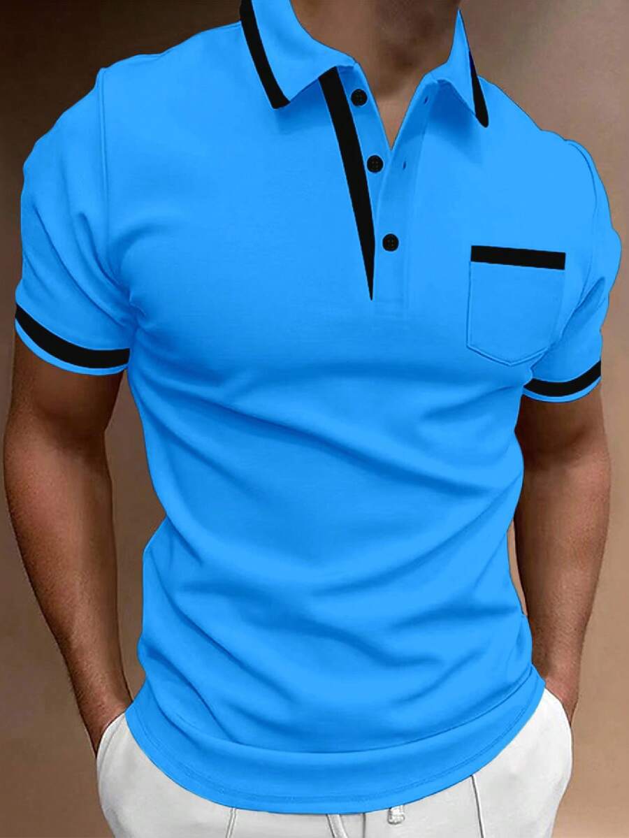 Manfinity Homme Men's Plus Size Contrast Color Ribbed Collar Mature Casual Short Sleeve Polo Shirt - Teal Blue - View 1