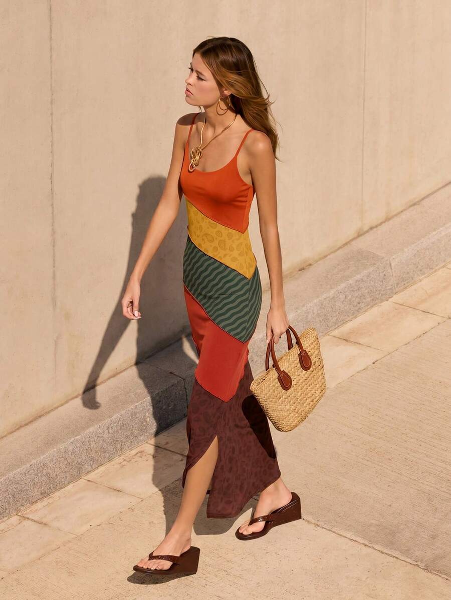 Nöista Vestido maxi con bloques de color y tirantes finos con estampados mixtos en paneles de patchwork, suave y elástico - Multicolor - Ver 1