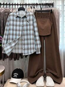 SHEIN Teen Girls 3pcs/Set Daily Commute Gentle Fresh Elegant Spring, Loose, Vacation, Back To School, Knit, Vintage, Autumn, Brown - Brown - View 1