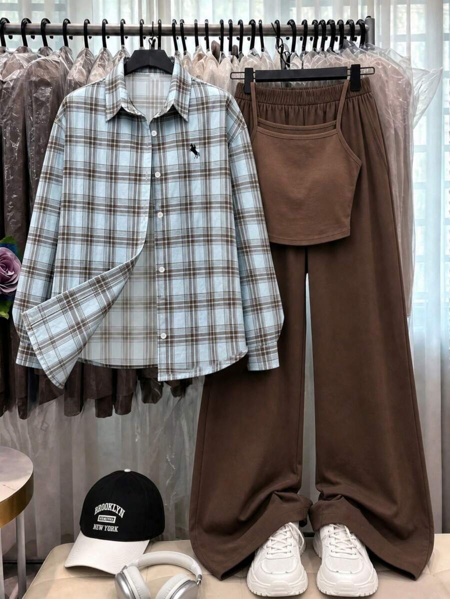 SHEIN Teen Girls 3pcs/Set Daily Commute Gentle Fresh Elegant Spring, Loose, Vacation, Back To School, Knit, Vintage, Autumn, Brown - Brown - View 1