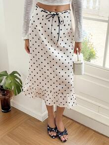 Cévolie Damen französischer Vintage Satin Polka Dot Meerjungfrau Rock, hohe Taille schlankmachend Hüftbedeckend mittellang eleganter figurbetonter Rock mit Rüschensaum - Aprikosenfarben - Übersicht 3