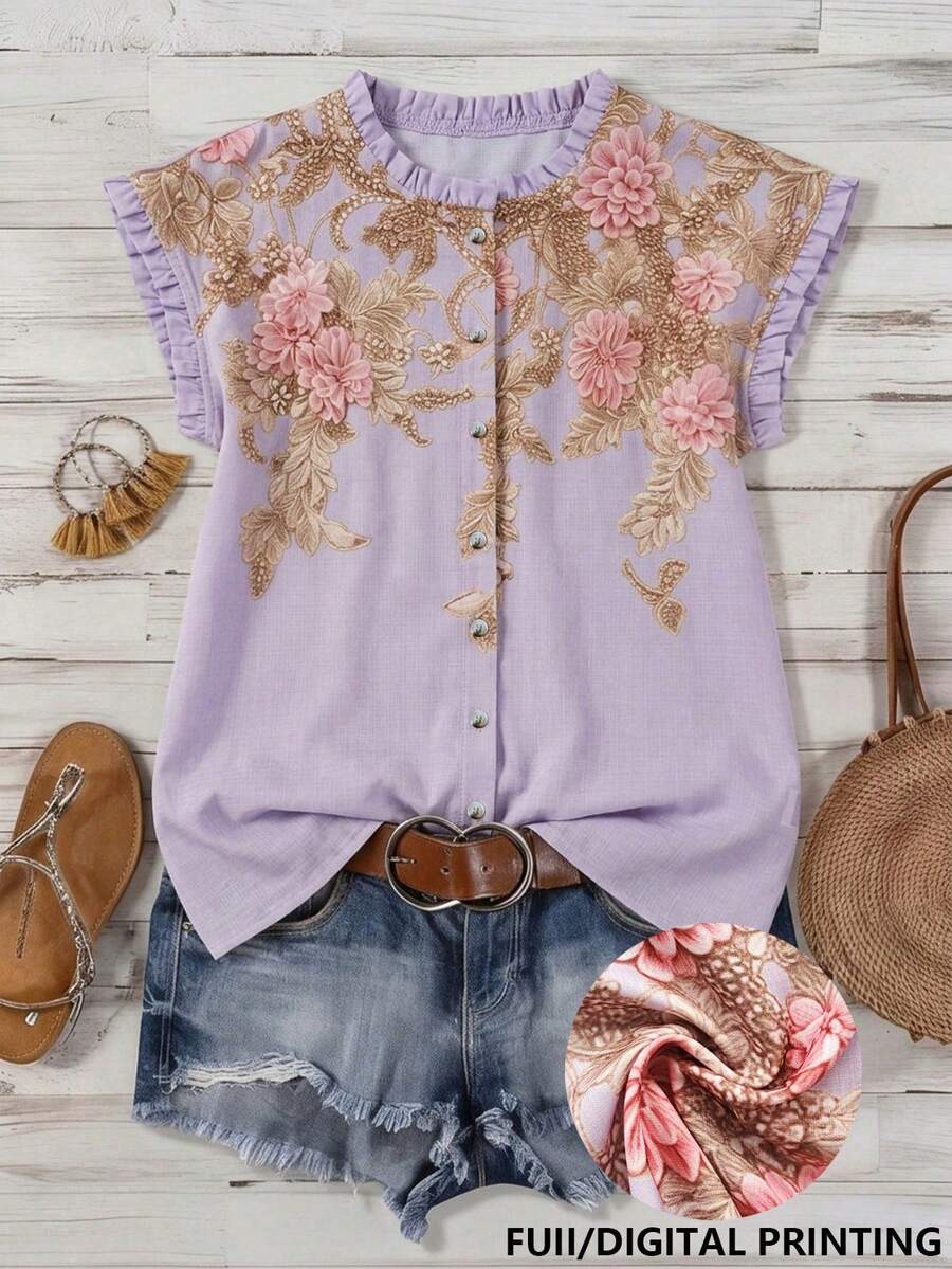 SHEIN 女款花卉印花鈕扣荷葉邊飾襯衫,夏季 - 彩色 - 查看 1