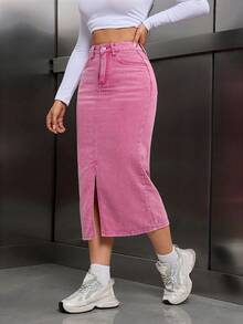 Selenza Plus Size Casual Washed Split Hem Denim Skirt - Pink - View 4