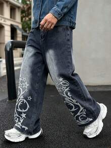 Manfinity EMRG Jeans de pierna ancha con estampado de estrellas, bolsillo con cremallera y botón - Azul - Ver 4