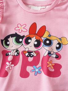 THE POWERPUFF GIRLS X SHEIN Baby Girl Round Neck Cartoon Pattern Pleated T-Shirt And Long Pants Casual Daily Outfit Set - Pink - View 4