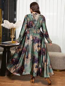 SHEIN Clasi Plus Size Floral Print Shirred Waist Shirred Vacation Dress - Green - View 7