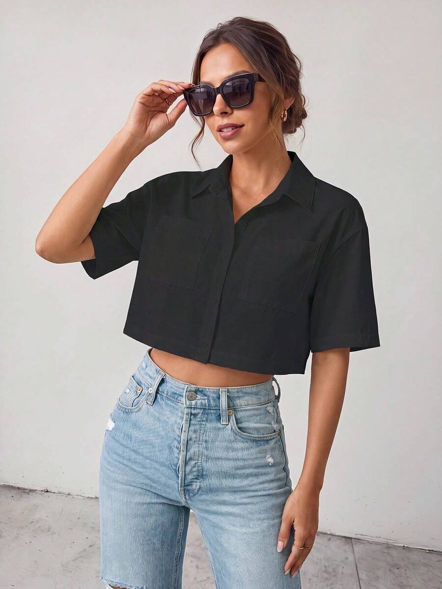 Chiquease Short Women's Solid Color Simple Daily Shirt,Short Sleeve Tops - Black - View 1