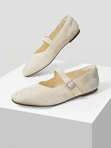 MOTF WOMEN'S NEW FASHION EMBROIDERED SQUARE TOE FLAT MARY JANE BALLET SHOES, WHITE VERSATILE COMFORTABLE FALL SHOES - Off-white - View 8