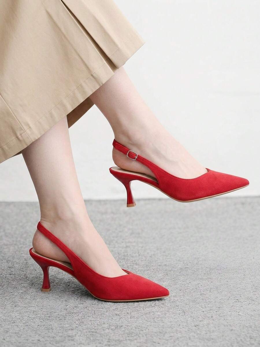 CUCCOO BIZCHIC Women's Red Pointed Suede Simple Commuter Fashion Wear Stiletto Back Strap High Heel Shoes - Red suede - View 1