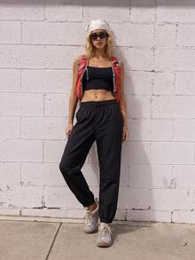 SHEIN Sports 女款純色抽繩腰鬆身戶外長褲 - 黑色 - 查看 4