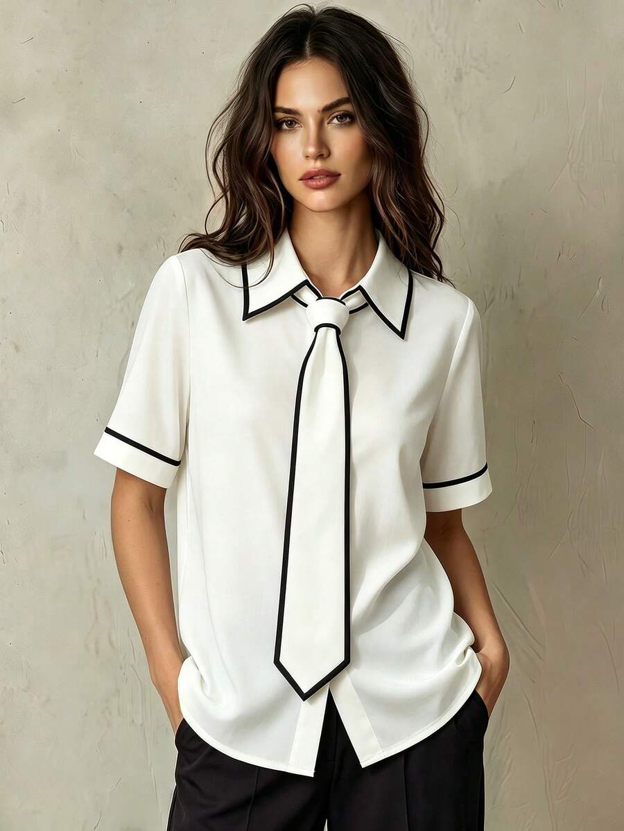 SHEIN Franclia 优雅撞色领结衬衫,适合通勤、休闲、白衬衫、短袖衬衫、度假衬衫 - 白色 - 查看 1