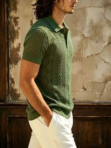 TONEVAULT Men's Hollow Design Short Sleeve Polo Collar T-Shirt - Army Green - View 4