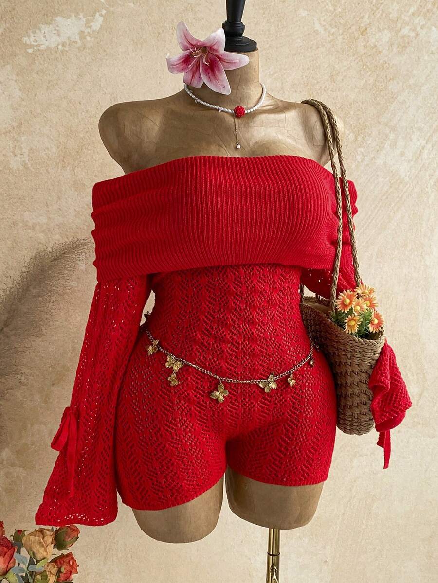 Soleia Women's Plus Size Red Off-Shoulder Long Sleeve Fitted Jumpsuit Autumn Celestial Sexy Night Theme Party - Red - View 1