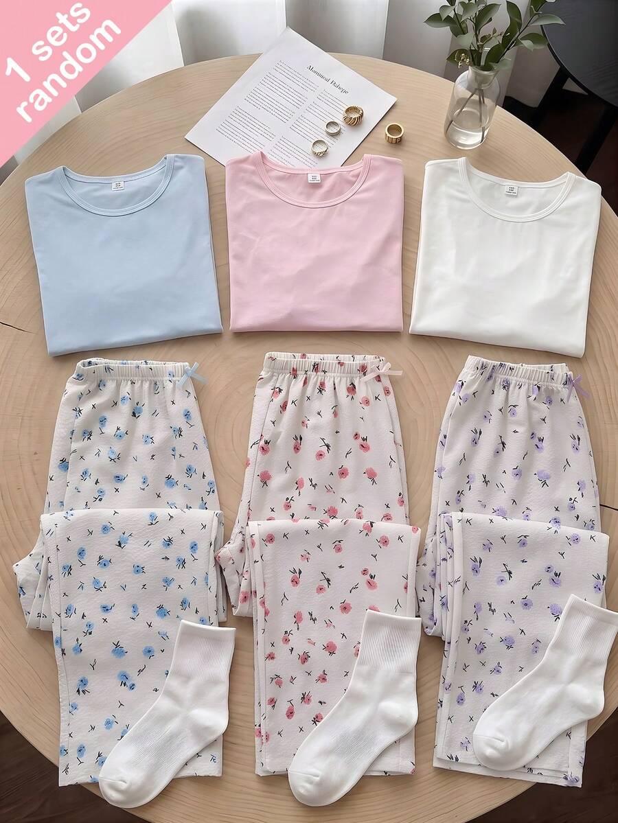 1套女款青少年時尚優雅休閒舒適經典極簡甜美可愛純色圓領套頭短袖花卉泡泡袖長褲蝴蝶結睡衣套裝