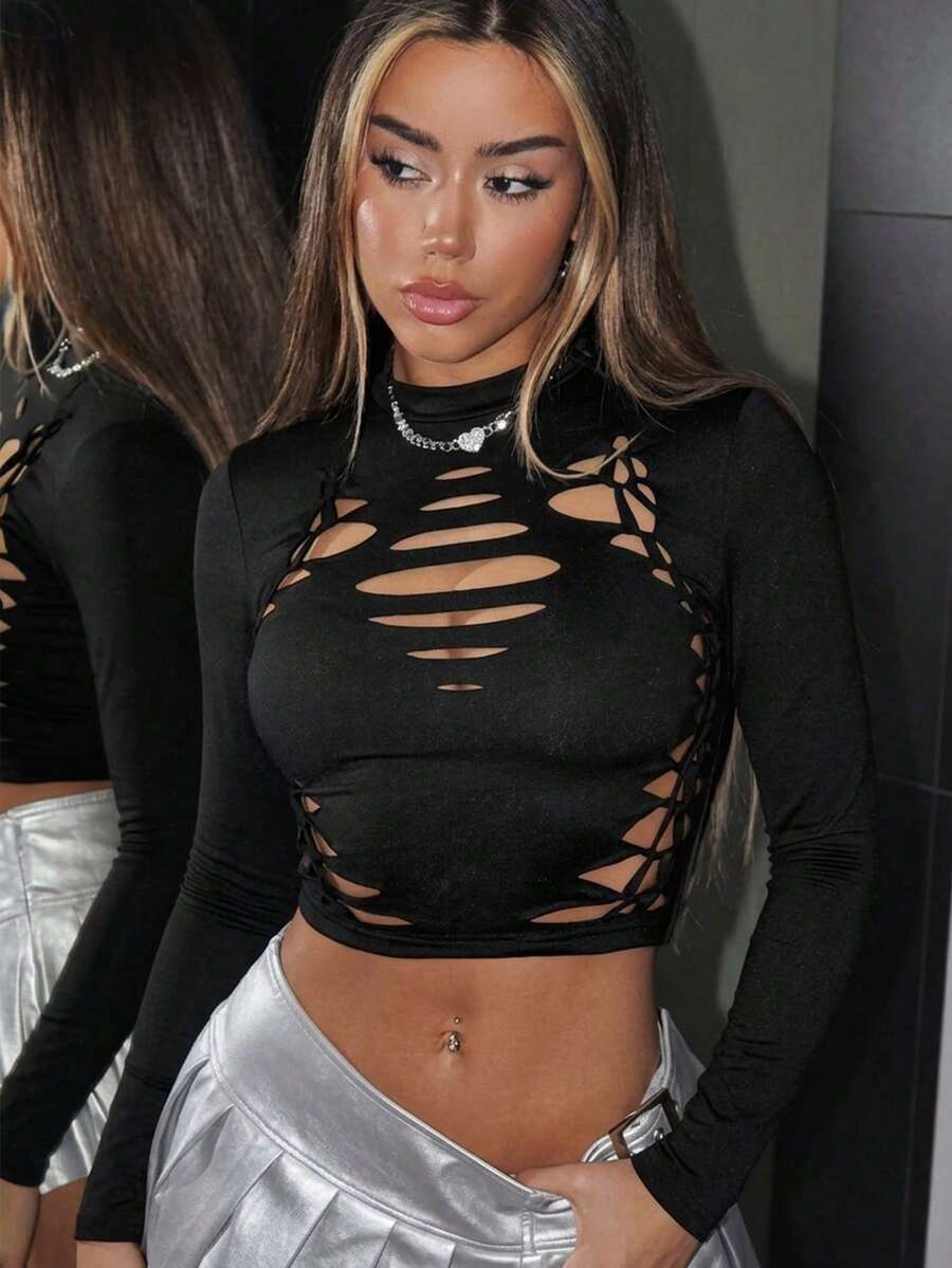 SHEIN ICON Fall Women's Black Hollow Out Goth Club Gyaru Solid Color Casual Versatile Daily Long Sleeve Top - Black - View 1