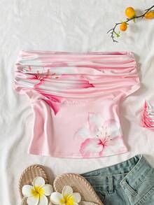 SHEIN Tween女孩三種穿法休閒熱帶海灘度假花卉印花修身上衣，夏季百搭，高領露肩設計，優雅時尚，適合假期、鄉村風、海灘度假、下午茶等場合，優雅風格，可作為舞衣或可愛上衣穿著。KIDS - 粉色 - 查看 5