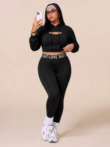 SHEIN Velisys Women's Plus Size Drawstring Hooded Cropped Sweatshirt And Letter Waistband Leggings Sports Set Fall - Black - View 7