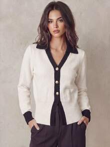 Franclia Women's Elegant Black And White Contrast V-Neck Button Cardigan,Autumn Office Ribbed Long Sleeve Knit Sweater Top,Versatile Daily Commute Knitwear - Black and White - View 3