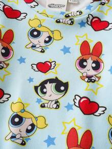 THE POWERPUFF GIRLS X SHEIN 女嬰可愛卡通印花長袖上衣與內搭褲家居服套裝 - 藍色 - 查看 4