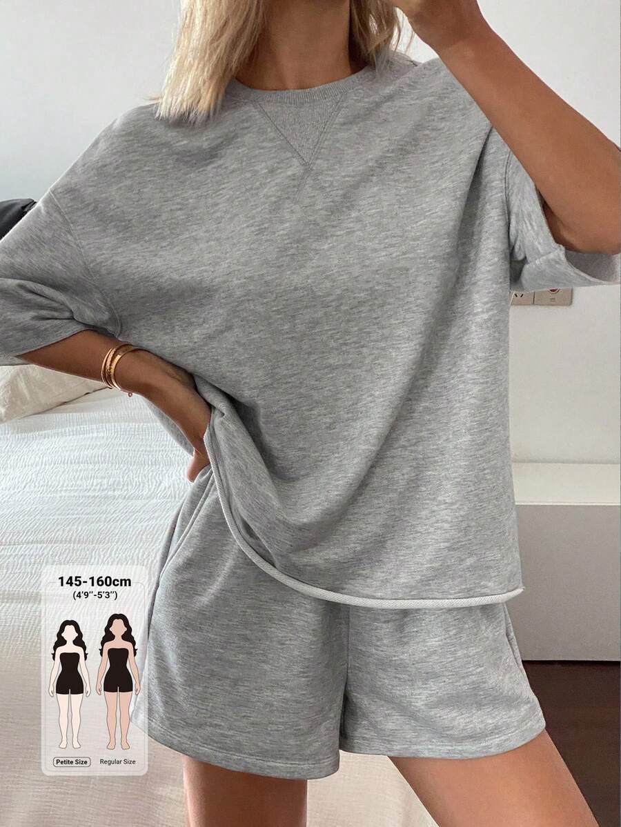 Livesso Petite Women's Summer Casual T-Shirt & Shorts 2 Pieces Set - Grey - View 1
