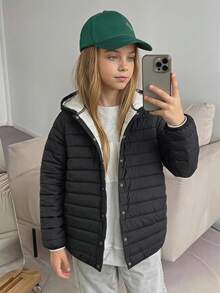 Hapijoa Tween Girl Solid Color Single-Breasted Casual Winter Padded Coat - Black - View 1