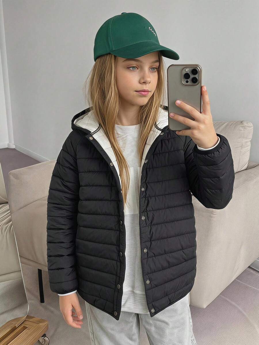 Hapijoa Tween Girl Solid Color Single-Breasted Casual Winter Padded Coat - Black - View 1
