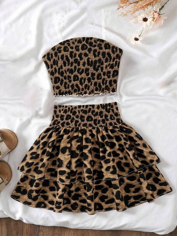 SHEIN Tween Girls Cropped Tank Top & High Waist Layered Ruffle Hem Skirt 2 Pieces Outfit, Casual Holiday Street Style