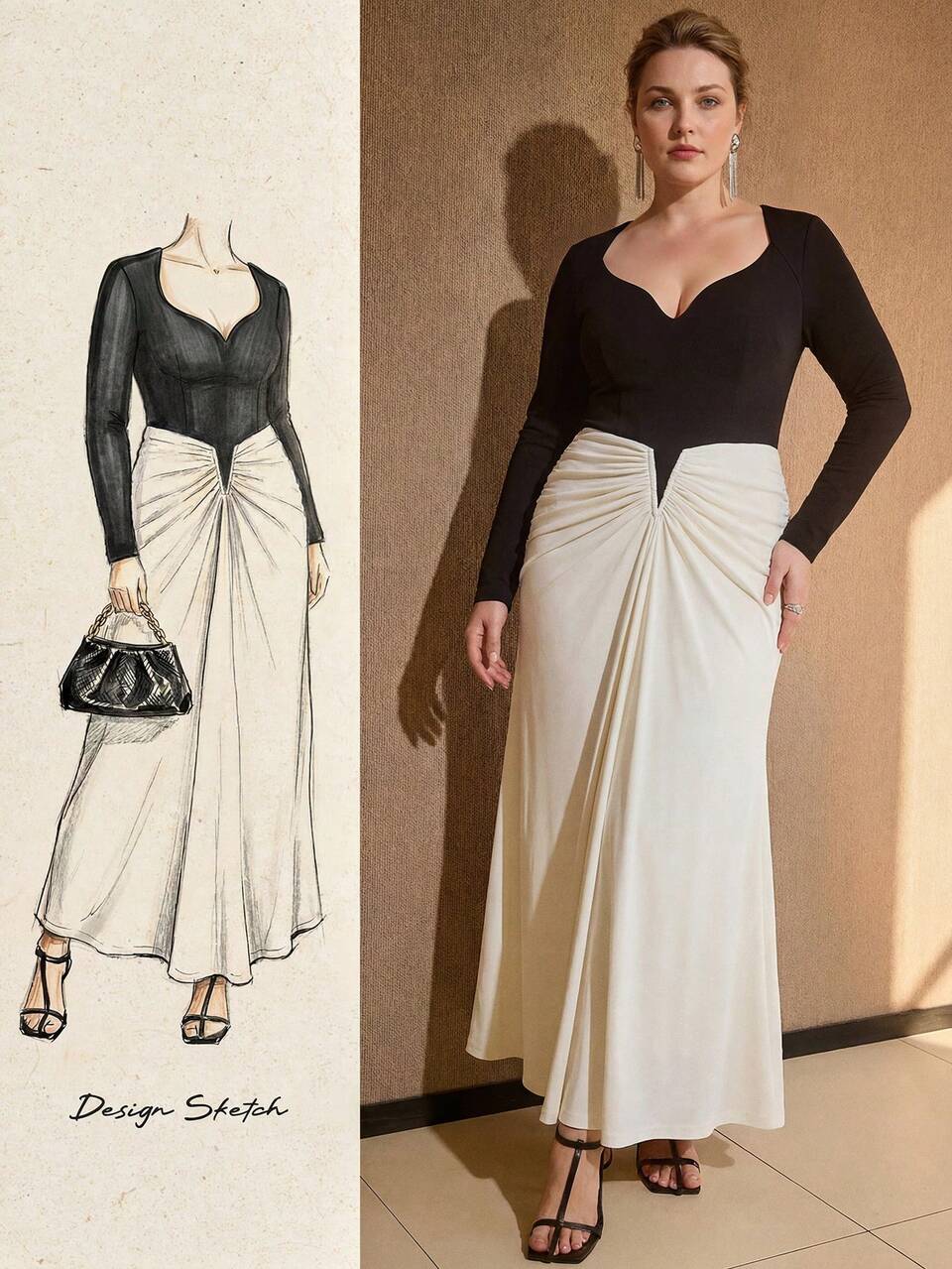MOTF WOMEN'S PLUS SIZE BLACK & WHITE PATCHWORK RUCHED MERMAID HEM LONG DRESS, AUTUMN/WINTER FALL