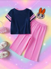 THE POWERPUFF GIRLS X SHEIN 女嬰圓領短袖T恤與長褲休閒套裝 - 粉色 - 查看 2